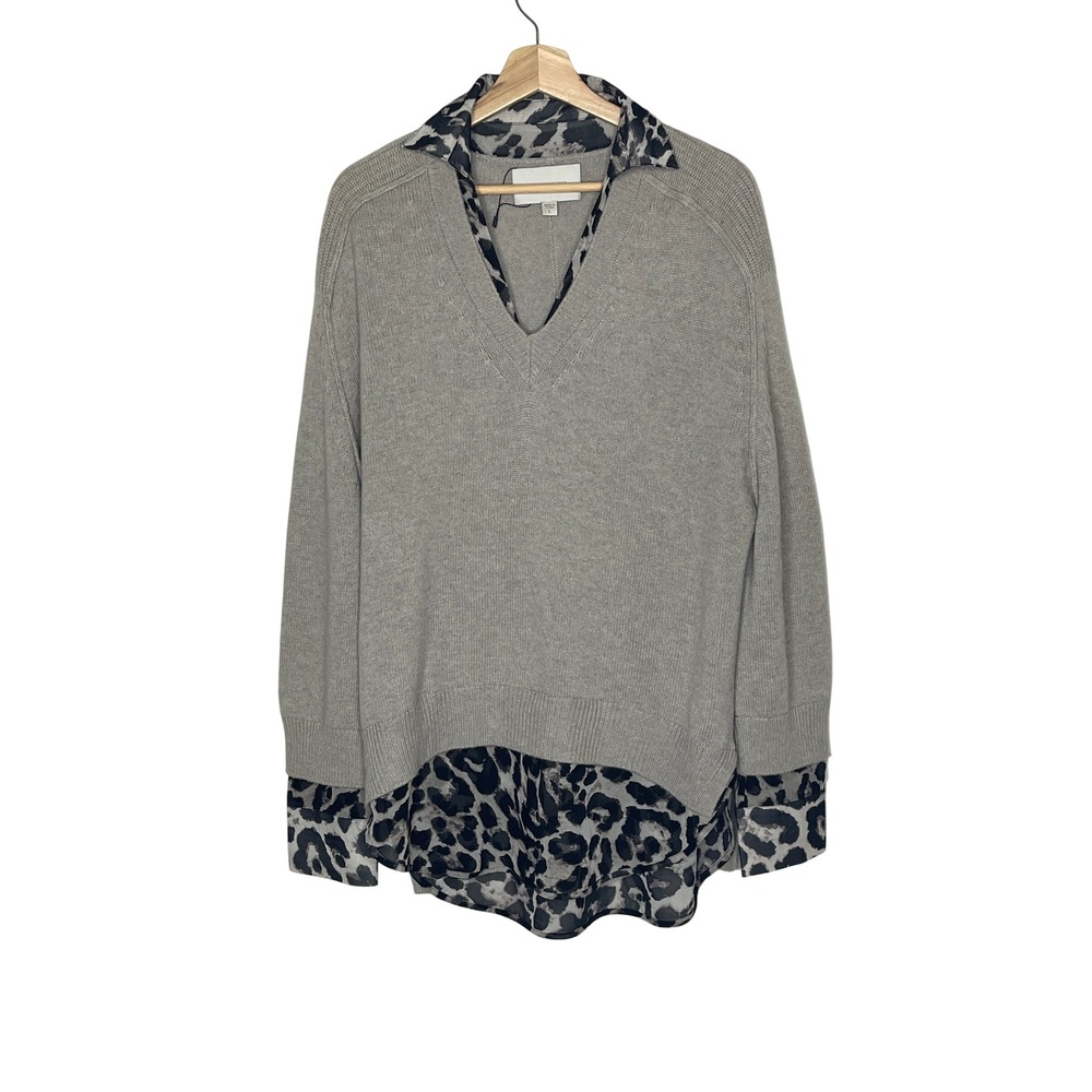 Brochu Walker Grey Looker Layered Leopard Print V-Neck Sweater Size L